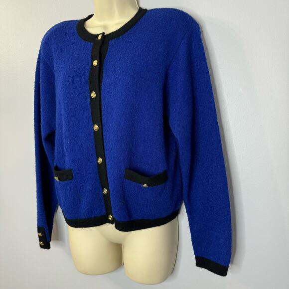 Talbots VGT 80's Wool Blend Royal Blue Black Gold Button Sweater Cardigan PM - Picture 7 of 10